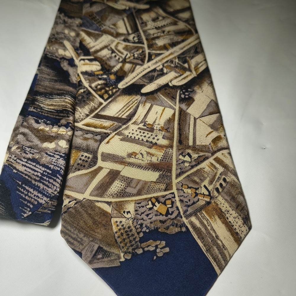 Museum of Fine Arts Boston Vintage Biplane Aerial Landscape Silk Tie Navy Tan